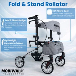 MobiWalk Fold & Stand Rollator with 8-inch wheels and storage bag.