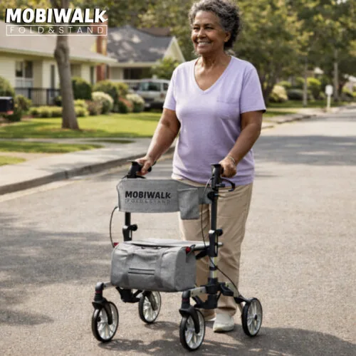 Person using MobiWalk Fold & Stand Rollator on a suburban street.