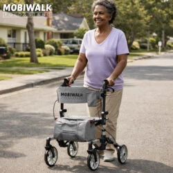 Person using MobiWalk Fold & Stand Rollator on a suburban street.