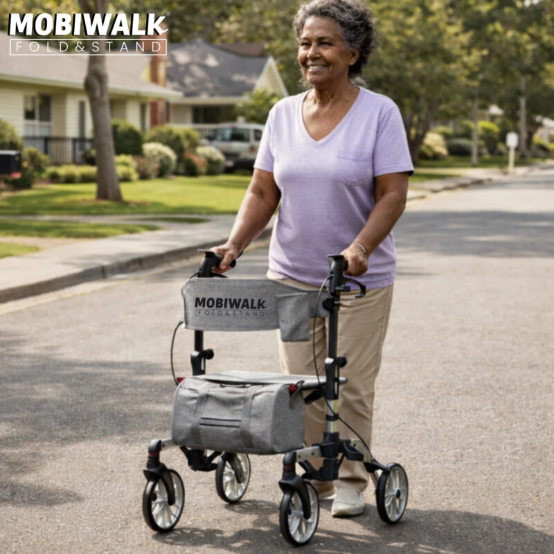 Person using MobiWalk Fold & Stand Rollator on a suburban street.