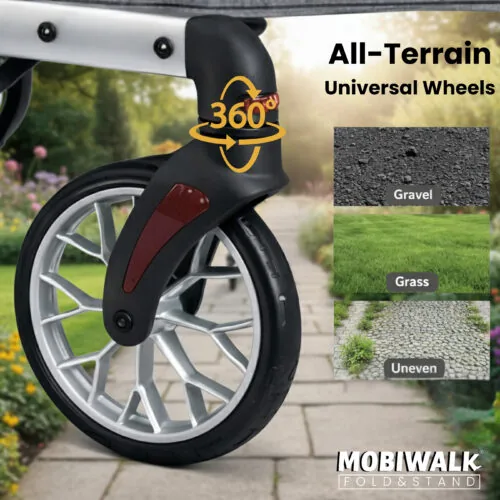 Close-up of MobiWalk rollator wheel with 360-degree rotation feature.