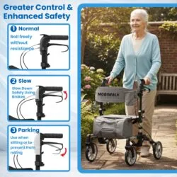 Elderly woman using a MobiWalk rollator walker outdoors with brake instructions shown.