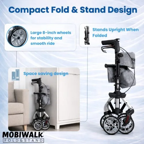 MobiWalk rollator folded upright with 8-inch wheels.