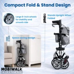 MobiWalk rollator folded upright with 8-inch wheels.