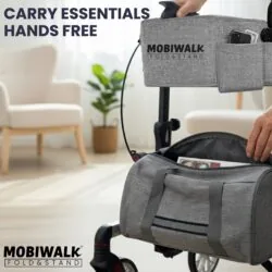 MobiWalk rollator with storage bag and phone holder in a room.