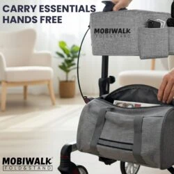 MobiWalk rollator with storage bag and phone holder in a room.