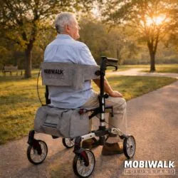 Person sitting on MobiWalk rollator in a park during sunset.