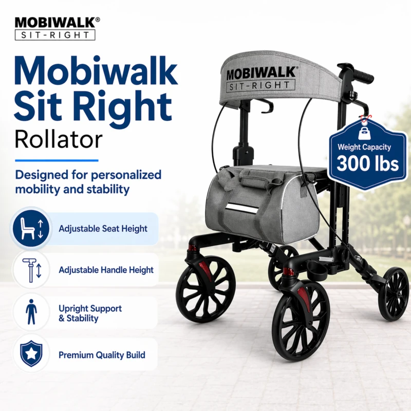 MobiWalk SIT-RIGHT Rollator Walker with adjustable seat and handles.