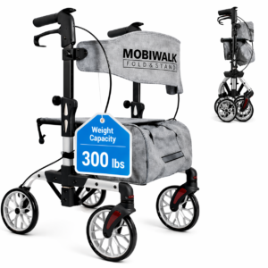 MobiWalk rollator walker with 8 inch wheels and storage bag.