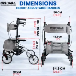 MobiWalk Rollator with dimensions and adjustable handles shown.