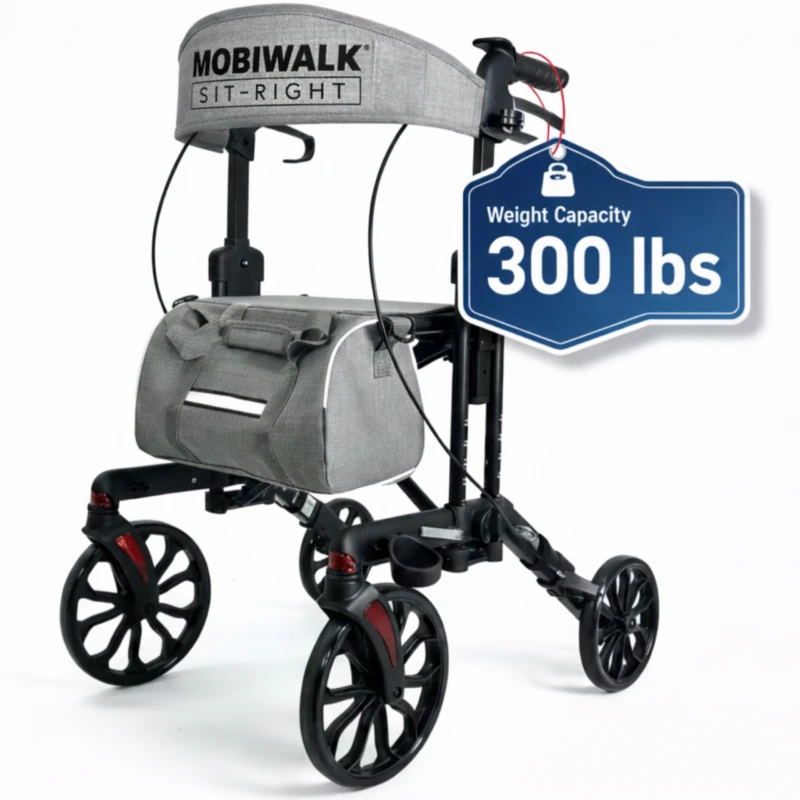 MobiWalk SIT-RIGHT Rollator with adjustable seat, handles, and 8-inch wheels.