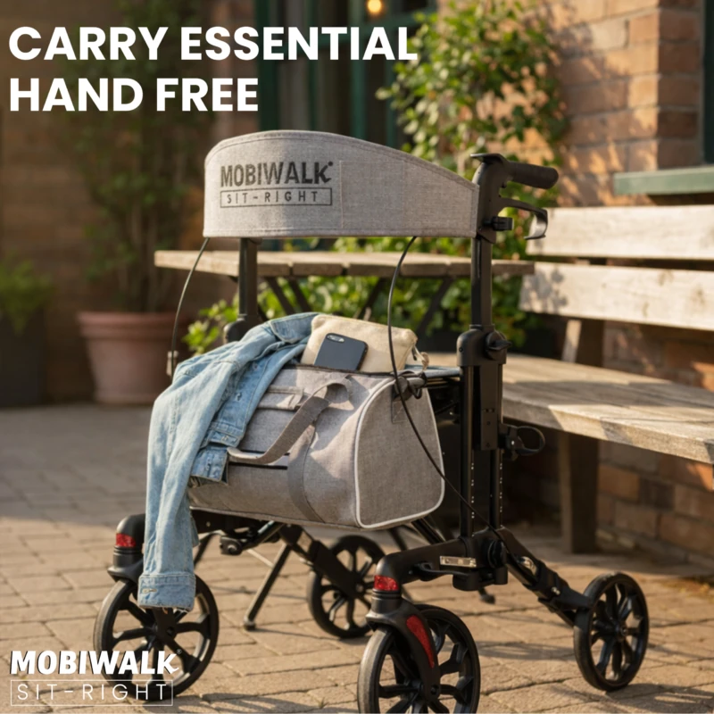 MobiWalk SIT-RIGHT Rollator with bag and jacket outdoors on a patio.