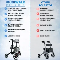 Comparison chart of MobiWalk SIT-RIGHT Rollator Walker and another rollator.