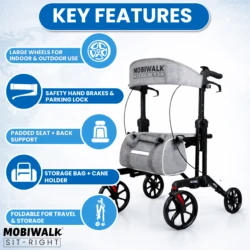 MobiWalk SIT-RIGHT Rollator with large wheels and padded seat.