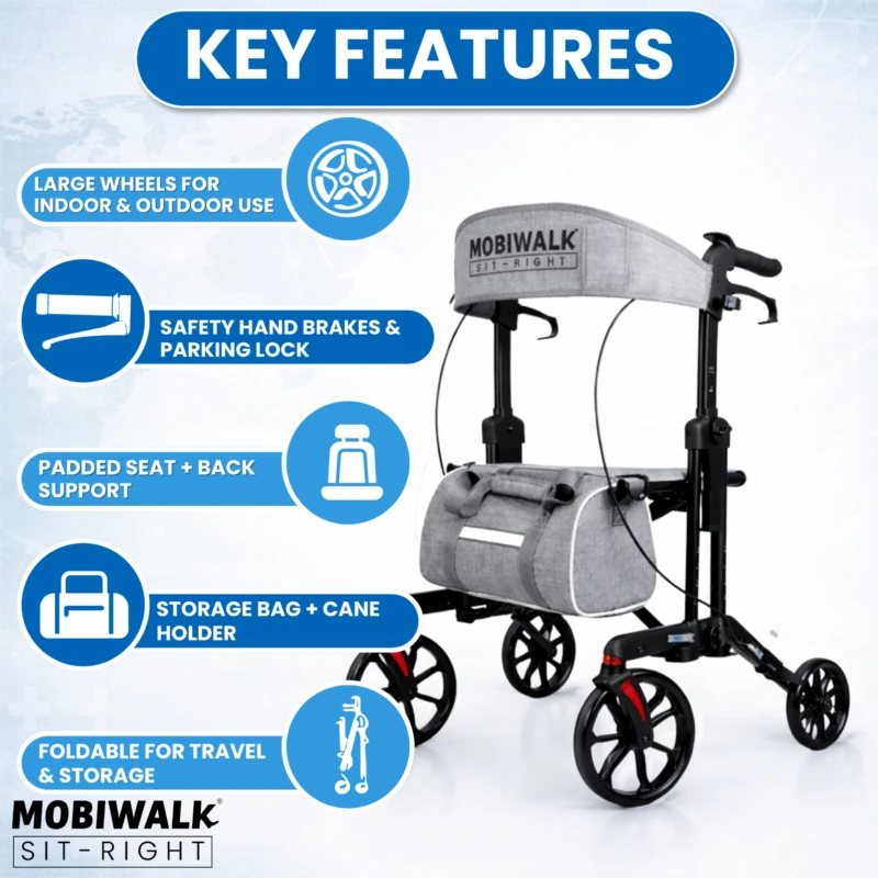 MobiWalk SIT-RIGHT Rollator with large wheels and padded seat.