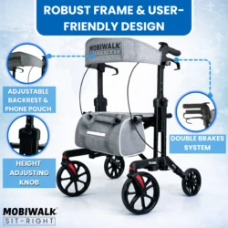 MobiWalk SIT-RIGHT Rollator with adjustable backrest, brakes, and large wheels.