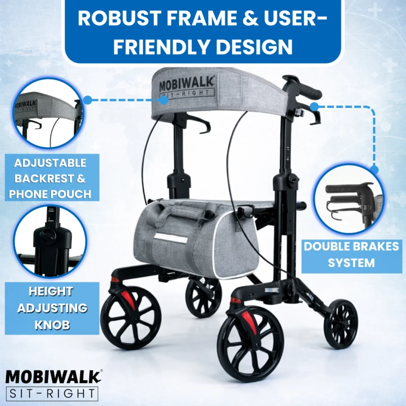 MobiWalk SIT-RIGHT Rollator with adjustable backrest, brakes, and large wheels.