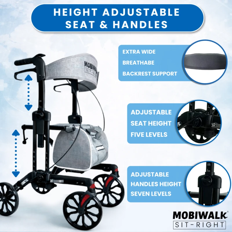 MobiWalk SIT-RIGHT Rollator with adjustable seat and handles.