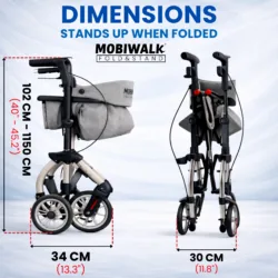 MobiWalk Rollator showing dimensions when folded and unfolded.