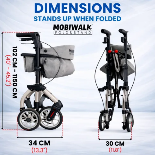 MobiWalk Rollator showing dimensions when folded and unfolded.