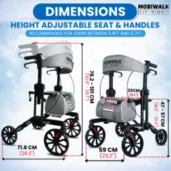 MobiWalk SIT-RIGHT Rollator Walker with dimensions labeled.