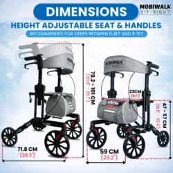 MobiWalk SIT-RIGHT Rollator Walker with dimensions labeled.