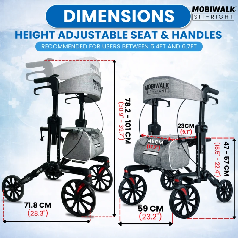 MobiWalk SIT-RIGHT Rollator Walker with dimensions labeled.