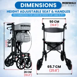 MobiWalk SIT-RIGHT Rollator Walker dimensions and features.