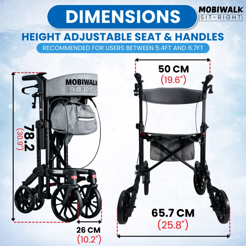 MobiWalk SIT-RIGHT Rollator Walker dimensions and features.