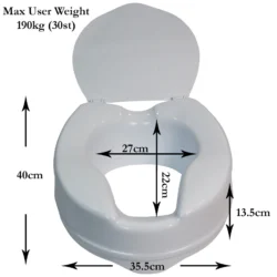 Raised toilet seat aid with lid, showing dimensions and weight capacity.