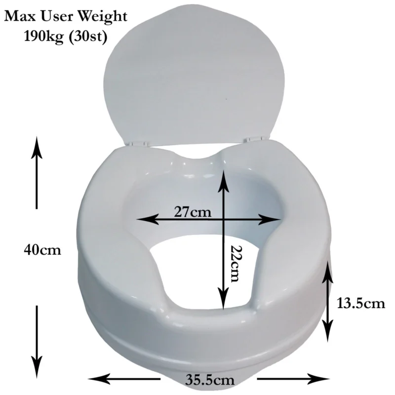 Raised toilet seat aid with lid, showing dimensions and weight capacity.