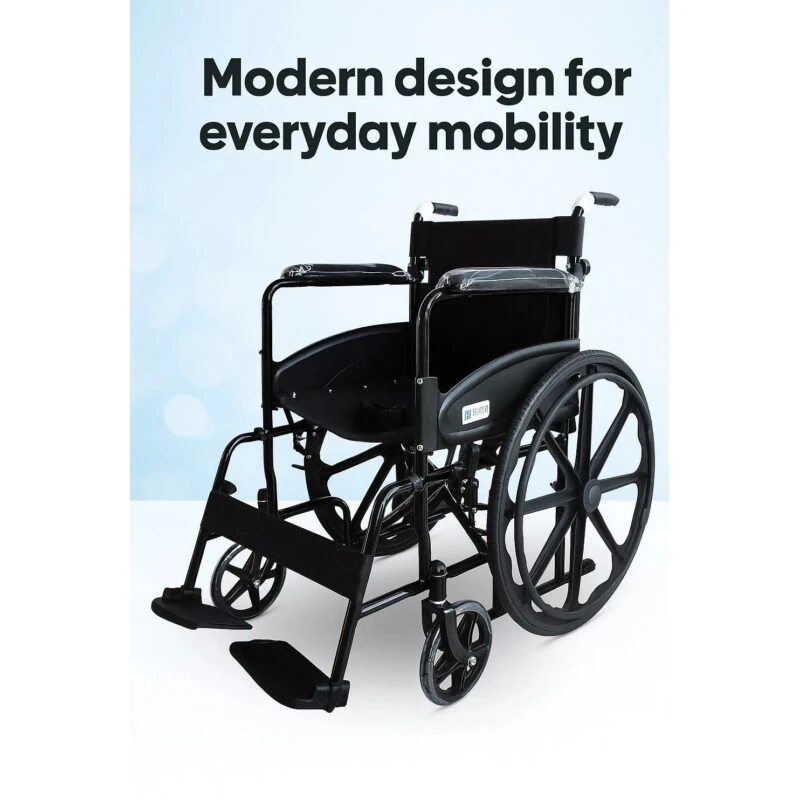 Black foldable wheelchair with large rear wheels and padded armrests.