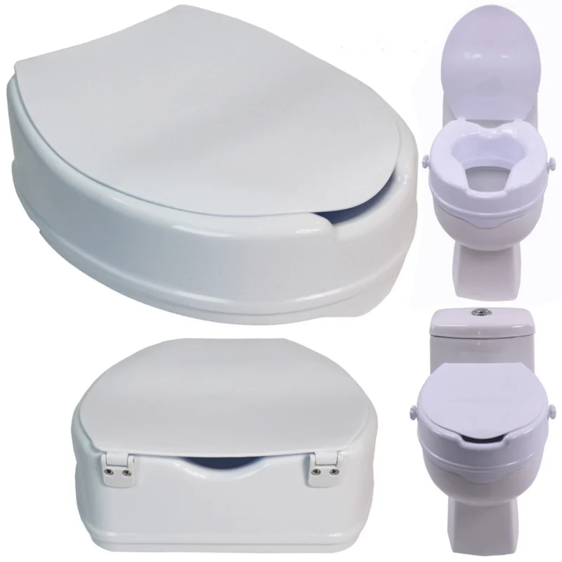 Raised toilet seat with lid shown from multiple angles.