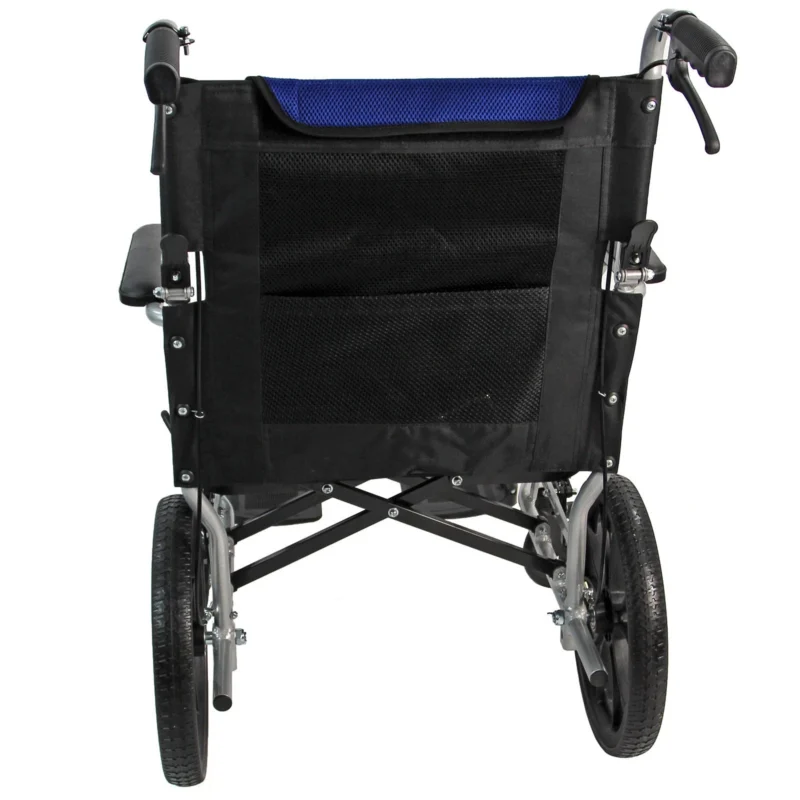 Rear view of a lightweight aluminium wheelchair with hand brakes.