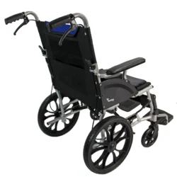 Rear view of a lightweight aluminium wheelchair with hand brakes.