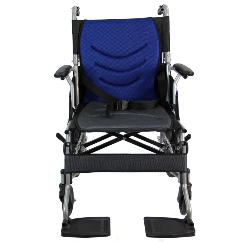 Front view of a lightweight aluminium wheelchair with blue and black seat.