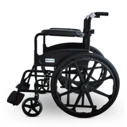 Side view of a black foldable wheelchair with large rear wheels.