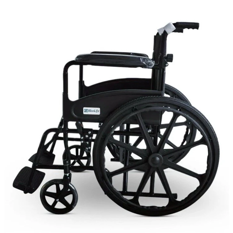 Side view of a black foldable wheelchair with large rear wheels.