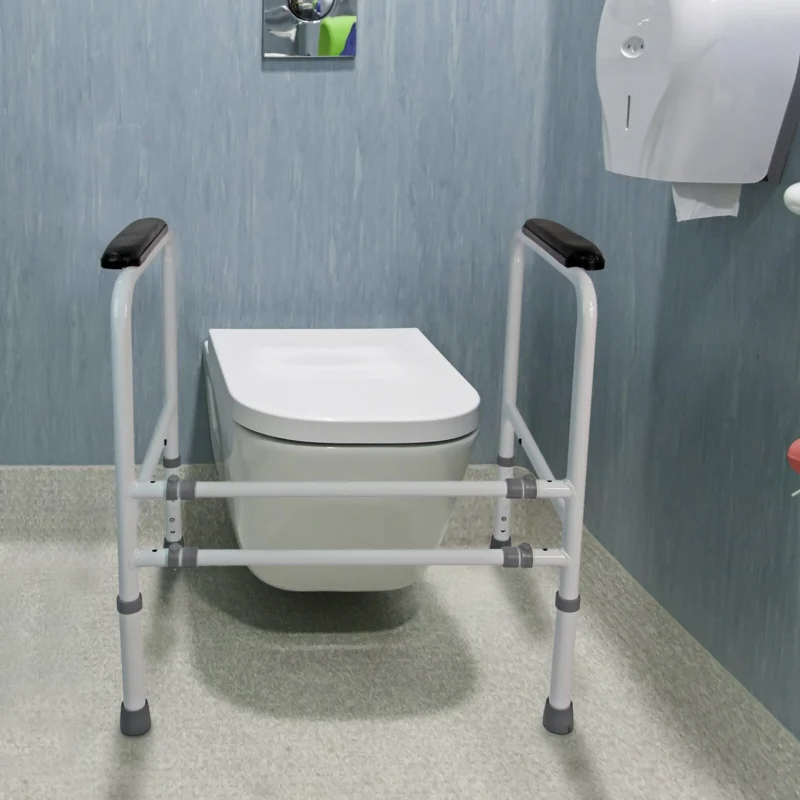 Toilet frame support with adjustable height and width around a toilet.