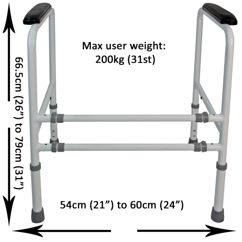 Toilet frame support with adjustable height and width, showing measurements.