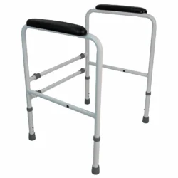 Toilet frame support with padded handrails and adjustable legs.