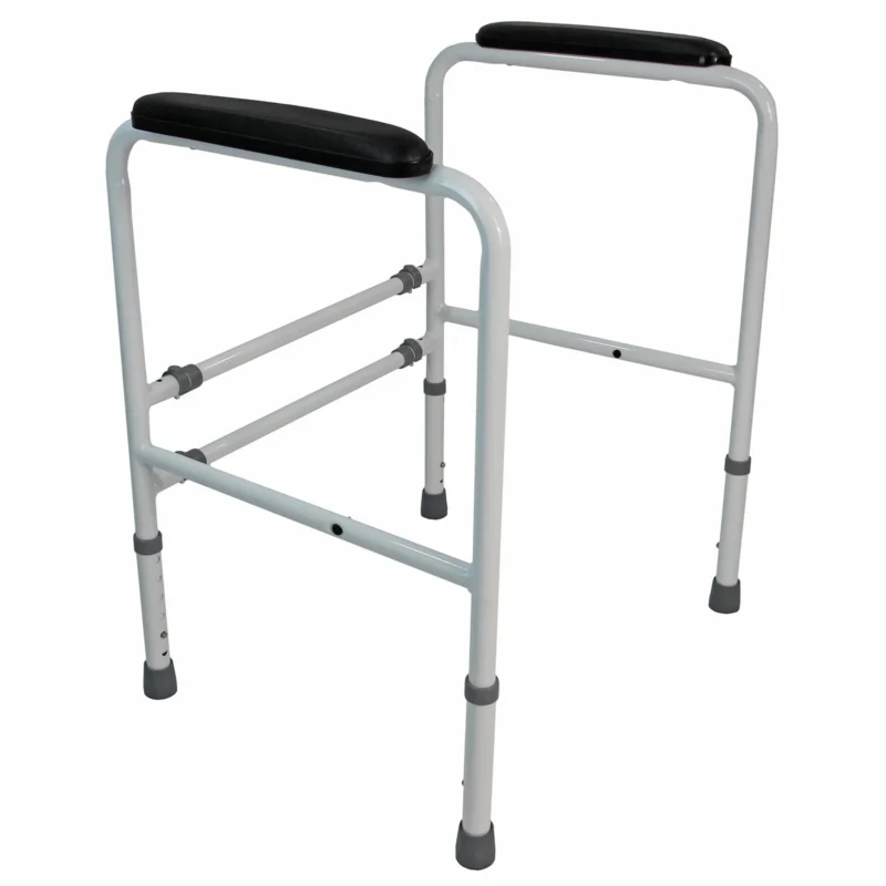 Toilet frame support with padded handrails and adjustable legs.