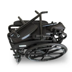 Folded black wheelchair with large rear wheels and footrests.