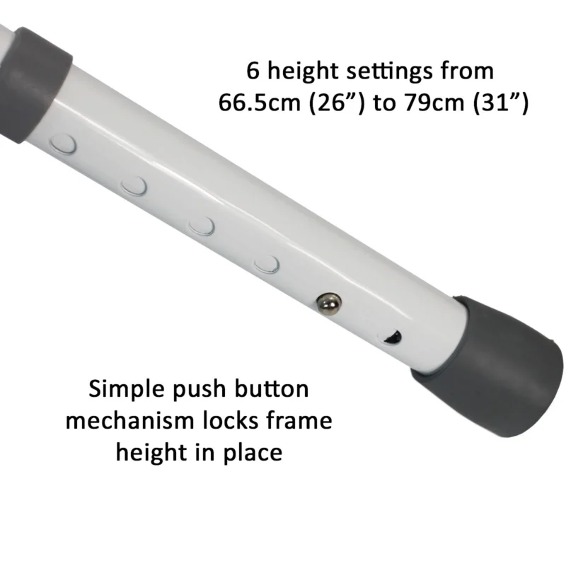 Close-up of toilet frame showing adjustable height settings.