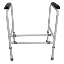White metal toilet frame support with padded handrails and rubber feet.