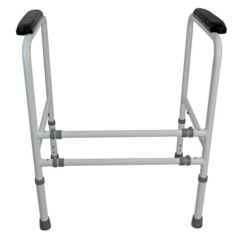 White metal toilet frame support with padded handrails and rubber feet.
