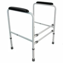 White metal toilet frame with black padded handrails and rubber feet.