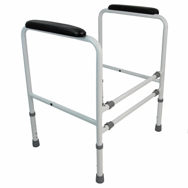 White metal toilet frame with black padded handrails and rubber feet.