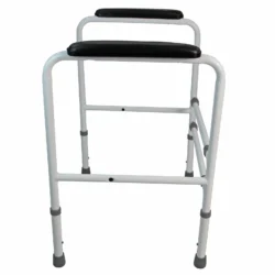 White metal toilet frame with padded handrails and anti-slip feet.