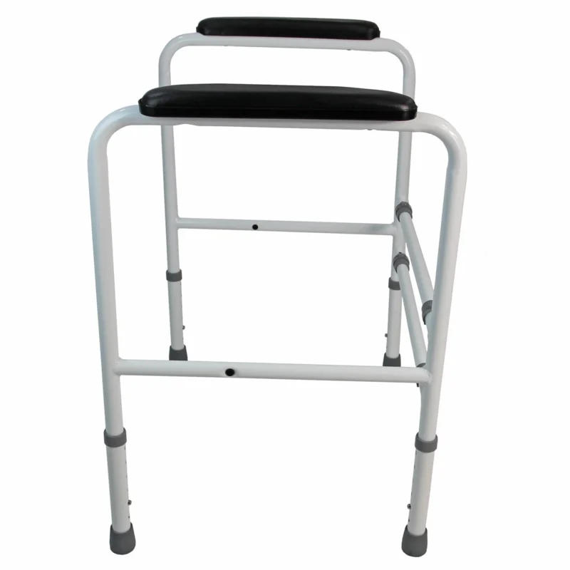 White metal toilet frame with padded handrails and anti-slip feet.